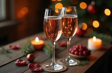 Two glasses of champagne In a cozy homely atmosphere on a wooden table against the background of a Christmas tree with blurred lights. Atmospheric, New Year's mood.