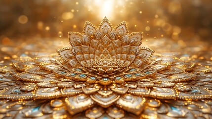 Radiant Mandala: A Symphony of Golden Petals and Intricate Patterns in Ethereal Light