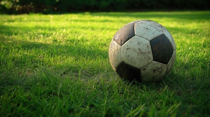 Fototapeta premium Dirty soccer ball on a green lawn. Soccer ball on the grass. Close-up.