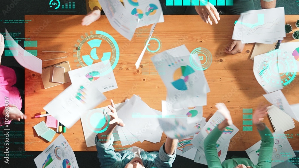 Aufkleber top view of start up business team holding paper while discussing about financial idea. aerial view 