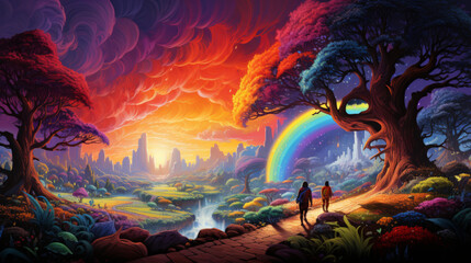 A joyful journey on a rainbow road leading students from school to the bank of their dreams