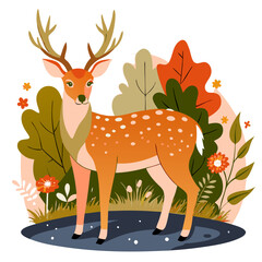  Deer in nature with fall leaves and flowers, woodland illustration