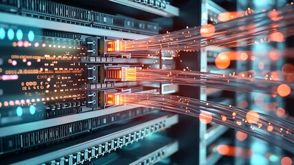 A close-up of a network switch with luminous cables connected to a computer server, highlighting the glowing connections and data flow