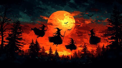 Three witches soar through the blood-red sky, casting shadows beneath a haunting harvest moon.