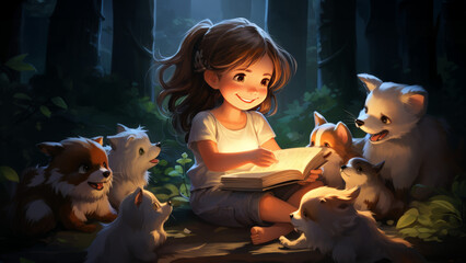 In the gentle glow of twilight, a young girl reads a story to a captivated audience of adorable forest creatures.