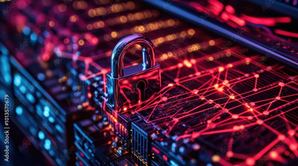 Aufkleber a digital lock on a server, symbolizing cybersecurity and data protection.