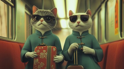 Animated cats in traditional attire with luggage on subway train. Travel and adventure concept