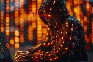 Hacker team silhouettes in cyber background with laptops and binary code representing attacks