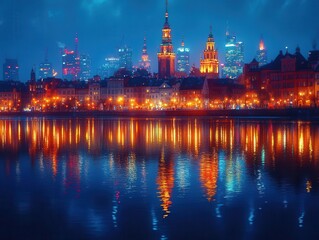 Obraz premium stunning nighttime cityscape of warsaw poland illuminated by vibrant lights reflecting off the vistula river showcasing the architectural beauty and lively atmosphere of the capital city