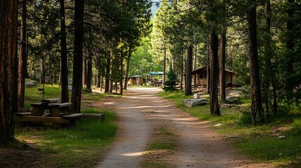 Fototapeta premium A serene forest path lined with trees, leading to a rustic cabin area, bathed in sunlight and surrounded by lush greenery.