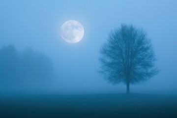 A full moon casting an eerie glow on a foggy night. 