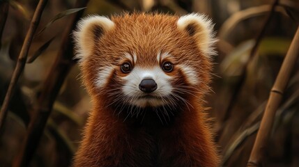 Naklejka premium A red panda with a fluffy face and bright eyes staring forward, set against a background of muted brown bamboo stalks.