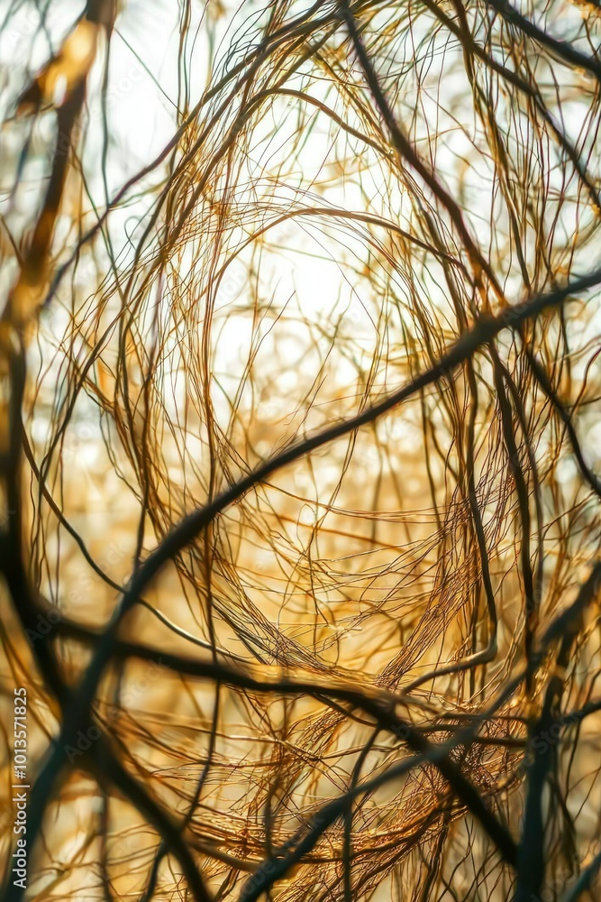 Poster intertwined branches forming a circular shape with sunlight shining through