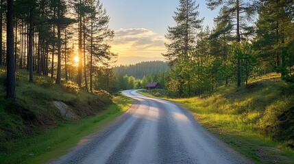 Fototapeta premium A serene dirt road meanders through a lush forest, bathed in golden sunlight, inviting exploration and tranquility.
