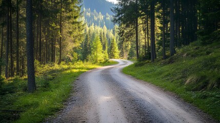 Fototapeta premium A winding dirt road meanders through a lush forest, framed by tall trees and vibrant greenery under soft sunlight.
