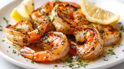 Grilled jumbo shrimp in garlic butter sauce are beautifully presented on a white ceramic plate, showcasing vibrant colors and succulent textures in close-up food photography of Mediterranean cuisine.