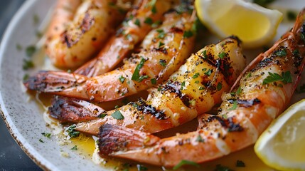 Grilled jumbo shrimp in garlic butter sauce are beautifully presented on a white ceramic plate, showcasing vibrant colors and succulent textures in close-up food photography of Mediterranean cuisine.