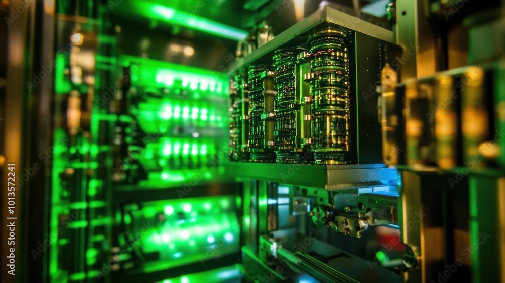Poster quantum computing core in a cryptography lab, vibrant green glow, advanced technology environment, f