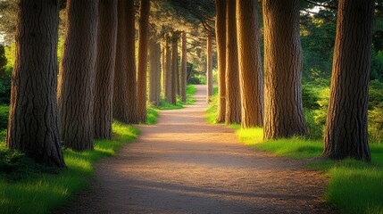 A serene forest path lined with tall trees, bathed in warm sunlight, inviting exploration and tranquility.