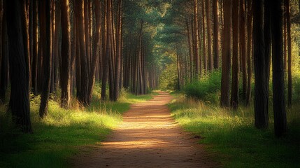 Obraz premium A serene forest path lined with tall trees, inviting exploration and tranquility amidst nature's beauty.