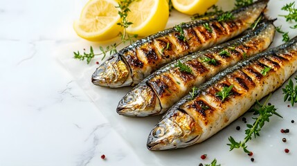 Grilled mackerel fillets on a white marble tabletop are garnished with herbs and lemon, emphasizing gourmet presentation and culinary art in a rustic, high-contrast food photography style.