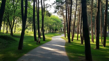 Obraz premium A serene forest path lined with tall trees and vibrant green foliage, inviting for a peaceful walk in nature.