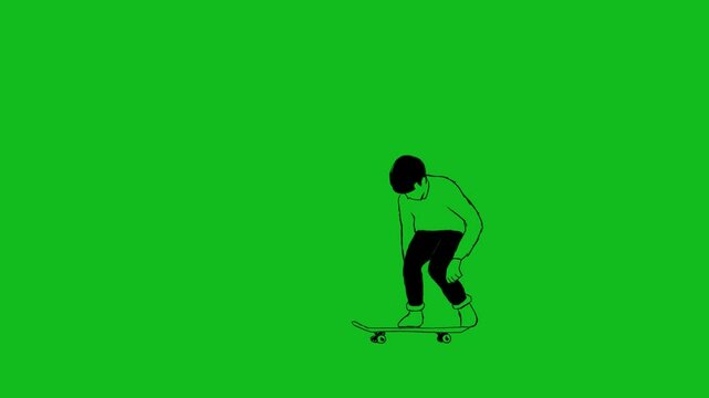 black and white hand drawn animation of skateboard player doing kickflip. available in 2 background mode, white screen and green screen