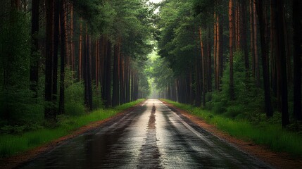Fototapeta premium A serene forest path flanked by tall trees, with a wet surface reflecting the greenery after rain, inviting exploration in nature's tranquility.