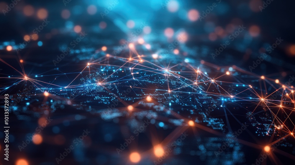Poster abstract representation of a digital network with glowing nodes and connections.