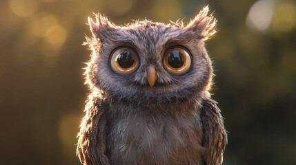 Naklejka premium A close-up of a cute owl with big round eyes looking directly at the camera, backlit by a soft, warm glow of sunlight.