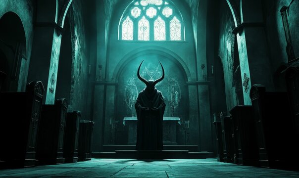 Devil stands in a dark church.