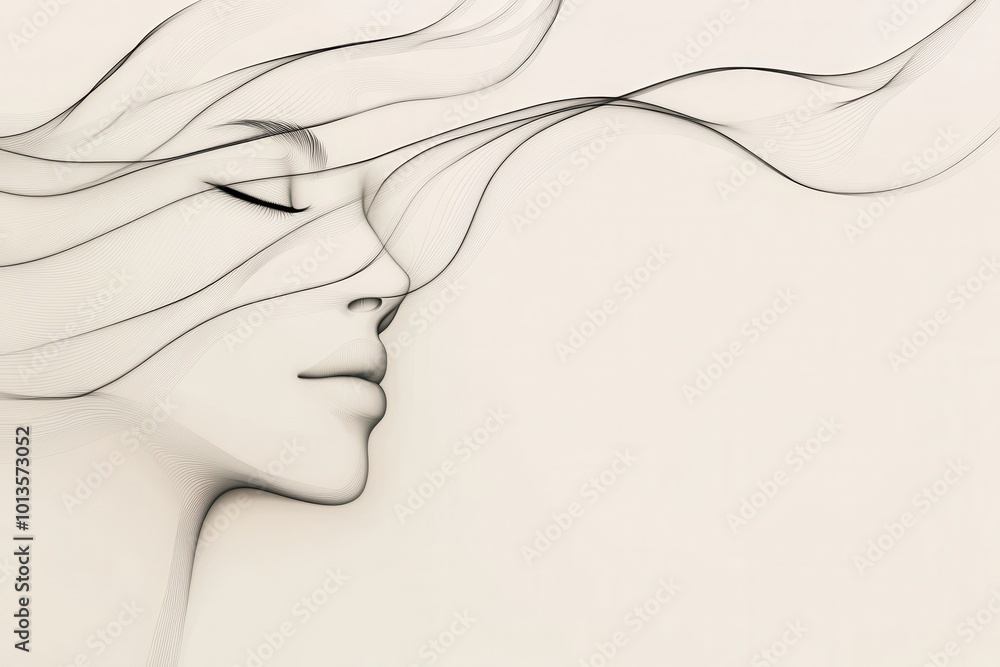 Poster this artwork showcases an elegant outline of a female face formed by flowing lines, expressing a sen