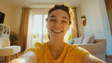 Cheerful young woman taking a bright selfie in a cozy living room with sunlight streaming in