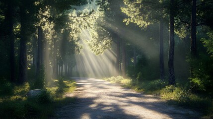 Obraz premium A tranquil forest path illuminated by sunlight filtering through the trees, creating a serene and magical atmosphere.