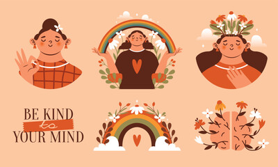 Be kind to your mind. Mental health support. Set of vector illustrations with young people, persons, hands, heart, rainbow, brain, women.  Flowers and plants growing from head. Naive minimal clip arts