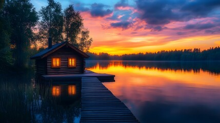 Fototapeta premium A lakeside log cabin at dusk features a vibrant sunset sky reflected on calm water, with warm light spilling from windows, capturing the essence of a cozy rustic retreat.