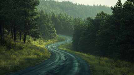 Obraz premium Road winding up a pine covered hill, sense of ascent and journey