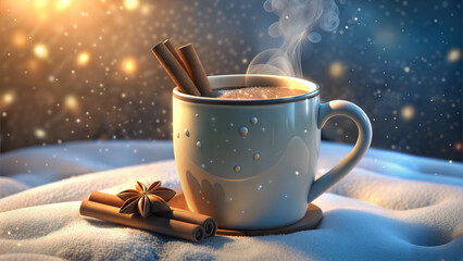 Steaming white mug with warm beverage and spices in snowy winter scene