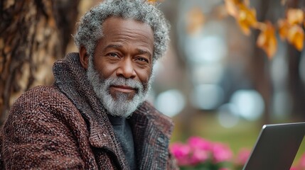 A thoughtful older man with gray hair and a beard, sitting outdoors with a laptop.