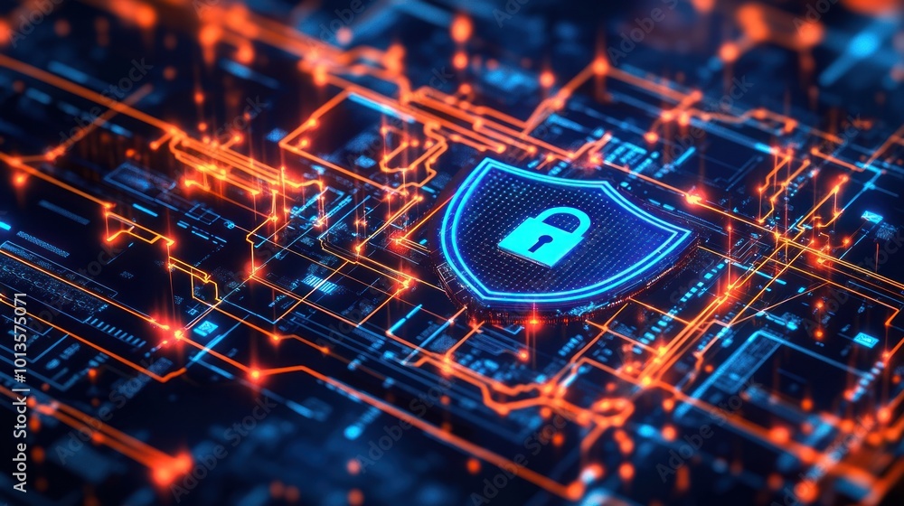 Poster digital representation of cybersecurity with a shield symbol and glowing circuits.