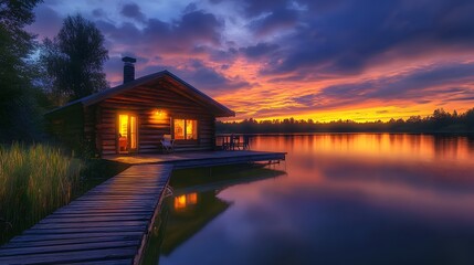 Fototapeta premium A lakeside log cabin at dusk features a vibrant sunset sky reflected on calm water, with warm light spilling from windows, capturing the essence of a cozy rustic retreat.