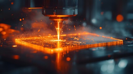 A laser engraving machine in action highlights precision cutting with a glowing orange beam, featuring intricate details and sparks, high-tech manufacturing and modern craftsmanship in an industrial s