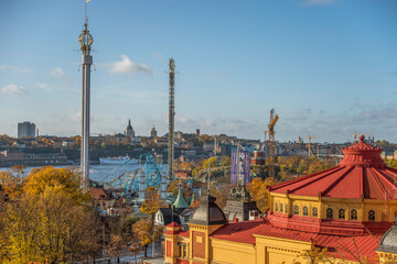 View with a skyline of the district Södermalm in Stockholm. Towers, buildings and roller coaster...