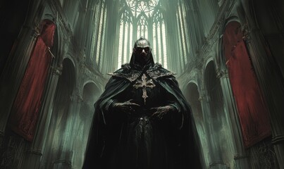 Naklejka premium Dark cloaked figure stands in a gothic cathedral.