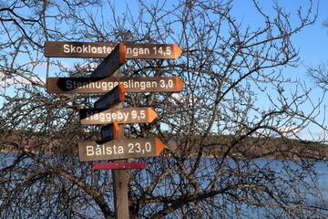 Wooden street signs in nature. Swedish text. Distance and arrows. Skokloster, Bålsta and Sweden.