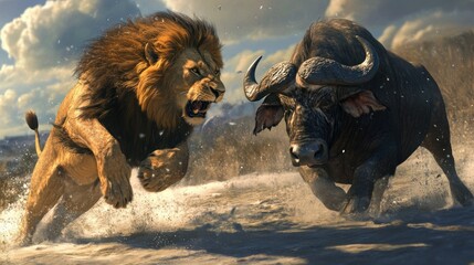 A lion charging at a buffalo in a dramatic showdown