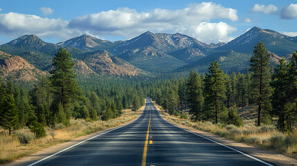 Road with pine trees and mountains in the background, nature s grandeur