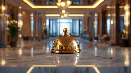 A luxurious golden service bell rests on a polished marble countertop in an elegant hotel lobby, characterized by warm ambient lighting and reflective surfaces that convey a hospitality atmosphere.
