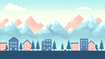 Stylized cityscape with colorful buildings and mountains on the horizon, conveying a peaceful, serene environment.