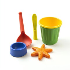 Colorful beach toys including a bucket, scoop, and starfish on a white background.